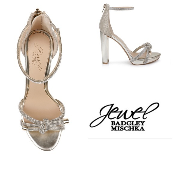 Jewel Badgley Mischka Silver Satin Glitter Block Heels - Picture 1 of 8
